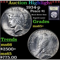 ***Auction Highlight*** 1934-p Peace Dollar $1 Graded GEM+ Unc By USCG (fc)