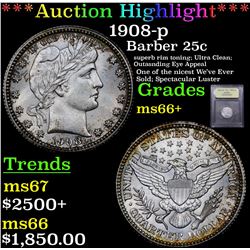 ***Auction Highlight*** 1908-p Barber Quarter 25c Graded GEM++ Unc By USCG (fc)
