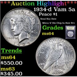 ***Auction Highlight*** 1934-d Vam 5a Peace Dollar $1 Graded Choice Unc By USCG (fc)