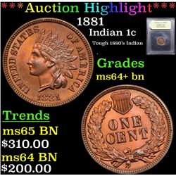***Auction Highlight*** 1881 Indian Cent 1c Graded Choice+ Unc BN By USCG (fc)