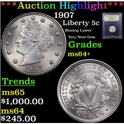 ***Auction Highlight*** 1907 Liberty Nickel 5c Graded Choice+ Unc By USCG (fc)