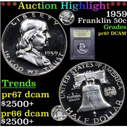 ***Auction Highlight*** 1959 Franklin Half Dollar 50c Graded GEM++ Proof Deep Cameo By USCG (fc)