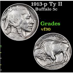 1913-p Ty II Buffalo Nickel 5c Grades vf++