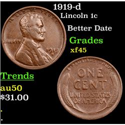 1919-d Lincoln Cent 1c Grades xf+