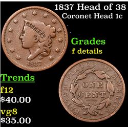 1837 Head of 38 Coronet Head Large Cent 1c Grades f details