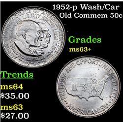 1952-p Wash/Car Old Commem Half Dollar 50c Grades Select+ Unc