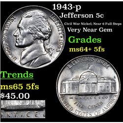 1943-p Jefferson Nickel 5c Grades Choice Unc+ 5fs