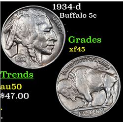 1934-d Buffalo Nickel 5c Grades xf+
