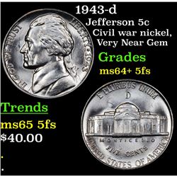 1943-d Jefferson Nickel 5c Grades Choice Unc+ 5fs