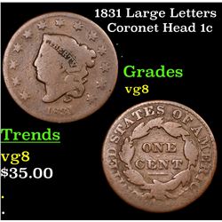 1831 Large Letters Coronet Head Large Cent 1c Grades vg, very good