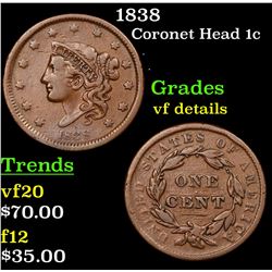 1838 Coronet Head Large Cent 1c Grades vf details