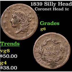 1839 Silly Head Coronet Head Large Cent 1c Grades g+