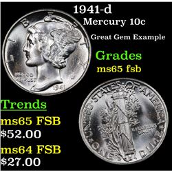 1941-d Mercury Dime 10c Grades GEM FSB