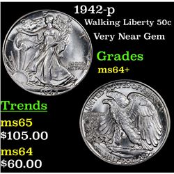 1942-p Walking Liberty Half Dollar 50c Grades Choice+ Unc