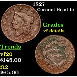 1827 Coronet Head Large Cent 1c Grades vf details