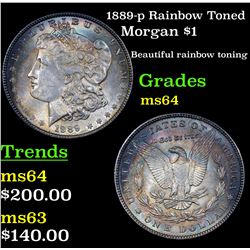 1889-p Rainbow Toned Morgan Dollar $1 Grades Choice Unc