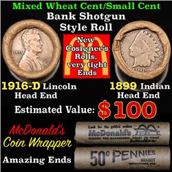 Mixed small cents 1c orig shotgun roll, 1916-d Wheat Cent, 1899 Indian Cent other end