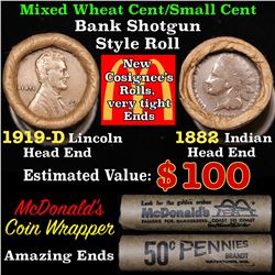 Mixed small cents 1c orig shotgun roll, 1919-d Wheat Cent, 1882 Indian Cent other end