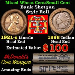 Mixed small cents 1c orig shotgun roll, 1921-sWheat Cent, 1898 Indian Cent other end