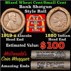 Mixed small cents 1c orig shotgun roll, 1919-s Wheat Cent, 1880 Indian Cent other end