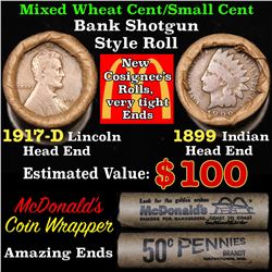 Mixed small cents 1c orig shotgun roll, 1917-d Wheat Cent, 1899 Indian Cent other end