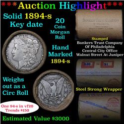 ***Auction Highlight*** Full solid Key date 1894-s Morgan silver dollar roll, 20 coins (fc)