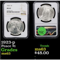 NGC 1923-p Peace Dollar $1 Graded ms63 By NGC