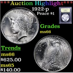 ***Auction Highlight*** 1922-p Peace Dollar $1 Graded GEM+ Unc By USCG (fc)