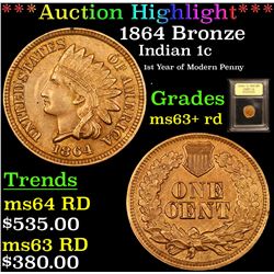 ***Auction Highlight*** 1864 Bronze Indian Cent 1c Graded Select+ Unc RD By USCG (fc)