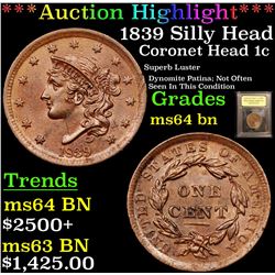 ***Auction Highlight*** 1839 Silly Head Coronet Head Large Cent 1c Graded Choice Unc BN By USCG (fc)