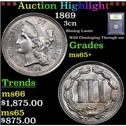 ***Auction Highlight*** 1869 Three Cent Copper Nickel 3cn Graded GEM+ Unc By USCG (fc)