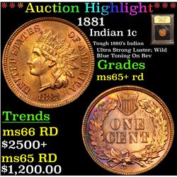 ***Auction Highlight*** 1881 Indian Cent 1c Graded Gem+ Unc RD By USCG (fc)