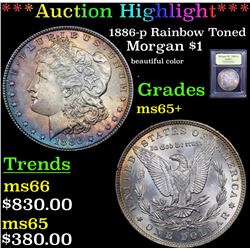 ***Auction Highlight*** 1886-p Rainbow Toned Morgan Dollar $1 Graded GEM+ Unc By USCG (fc)