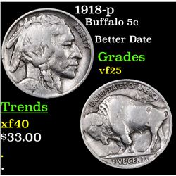 1918-p Buffalo Nickel 5c Grades vf+