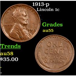 1913-p Lincoln Cent 1c Grades Choice AU