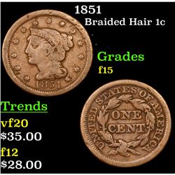 1851 Braided Hair Large Cent 1c Grades f+