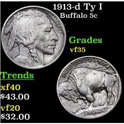 1913-d Ty I Buffalo Nickel 5c Grades vf++