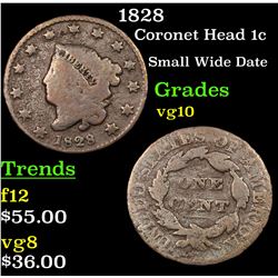 1828 Coronet Head Large Cent 1c Grades vg+