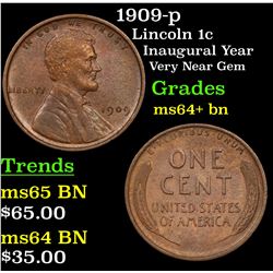1909-p Lincoln Cent 1c Grades Choice+ Unc BN