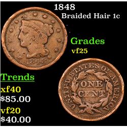 1848 Braided Hair Large Cent 1c Grades vf+