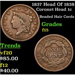 1837 Head Of 1838 Coronet Head Large Cent 1c Grades f+