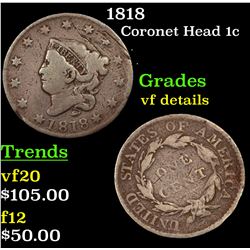 1818 Coronet Head Large Cent 1c Grades vf details