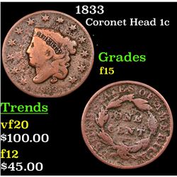 1833 Coronet Head Large Cent 1c Grades f+