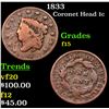 Image 1 : 1833 Coronet Head Large Cent 1c Grades f+