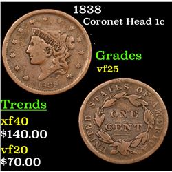 1838 Coronet Head Large Cent 1c Grades vf+