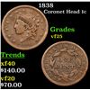 Image 1 : 1838 Coronet Head Large Cent 1c Grades vf+