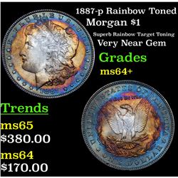1887-p Rainbow Toned Morgan Dollar $1 Grades Choice+ Unc