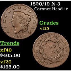 1820/19 N-3 Coronet Head Large Cent 1c Grades vf+