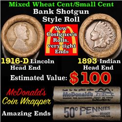 Mixed small cents 1c orig shotgun roll, 1916-d Wheat Cent, 1893 Indian Cent other end