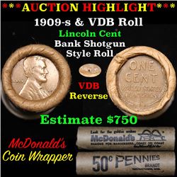 ***Auction Highlight*** Lincoln Wheat cent 1c orig roll, 1909-s one end, VDB rev other end, WOW! (fc